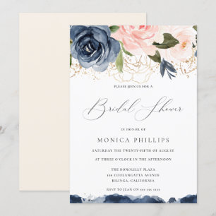 Navy & Blush Watercolor Florals Gold Brautparty Einladung
