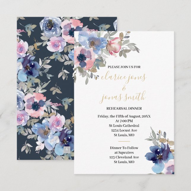 Navy & Blush Watercolor Flowers Rehearsal Dinner Einladung (Vorne/Hinten)