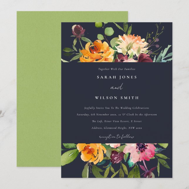NAVY BLUSH YELLOW ORANGE FLORAL BUNCH WEDD EINLADUNG (Vorne/Hinten)