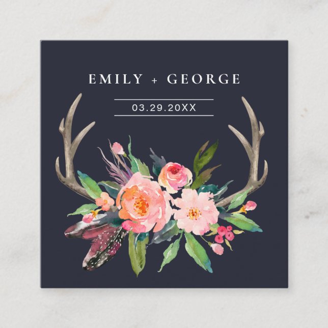 NAVY BOHO BLUSH ANTLER FLORAL WEDSITE UAWG QUADRATISCHE VISITENKARTE (Vorderseite)