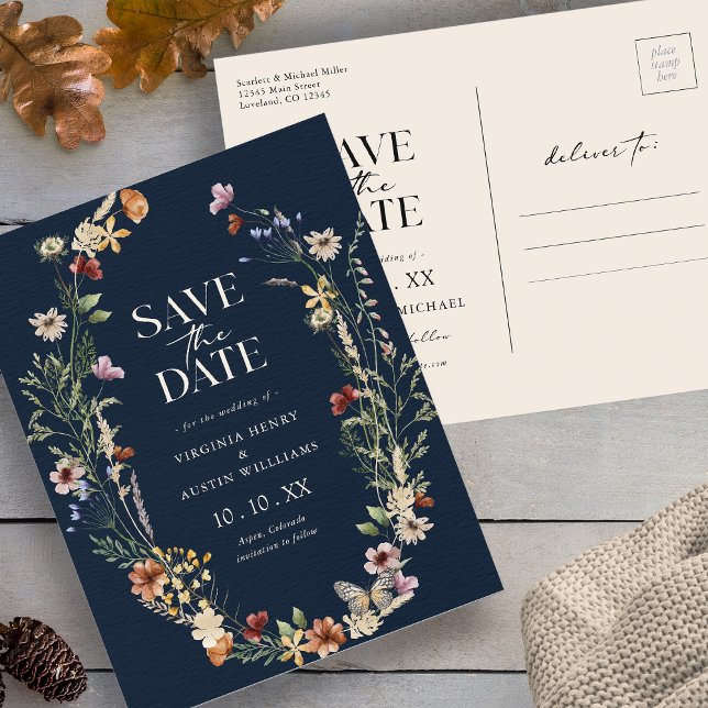 Navy Boho Save the Date Postcard Postkarte (Navy Wildflower Floral Boho Save The Date Postcard with Butterfly by Painted Paperie
)
