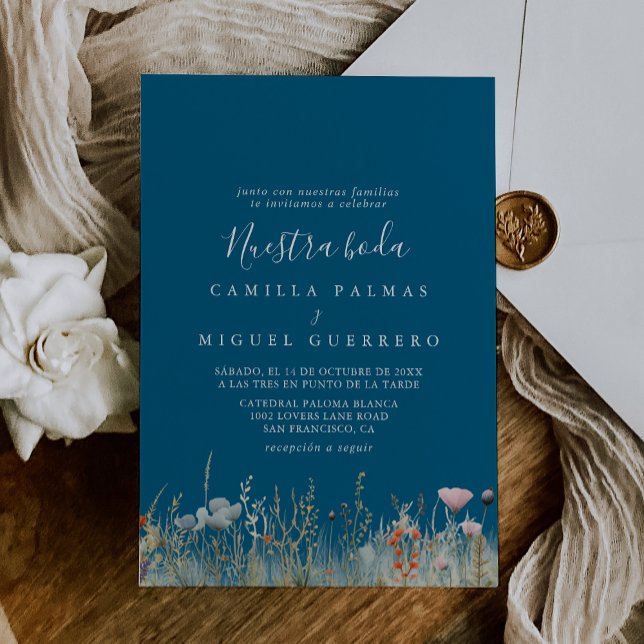 Navy Boho Wildblume Nuestra Boda Wedding Einladung (Von Creator hochgeladen)