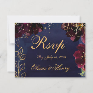 Navy Bordeaux Wedding RSVP Mail Back Card Karte