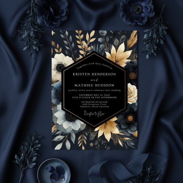 Navy Botanical Blumenehe Einladung (Von Creator hochgeladen)