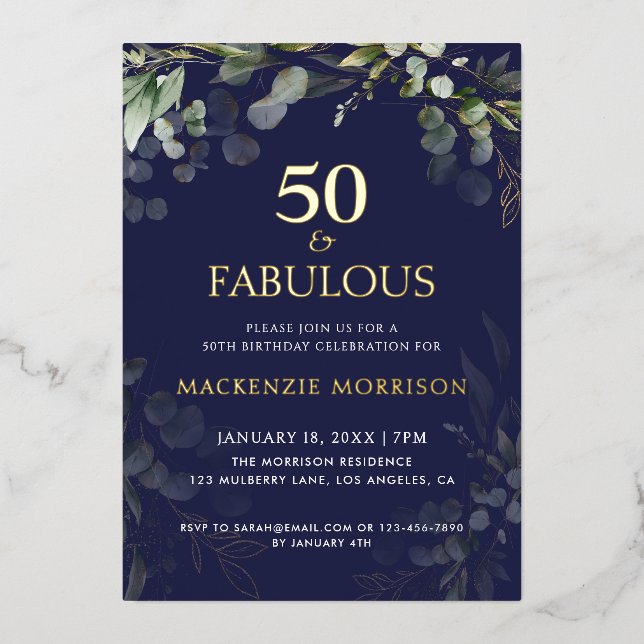 Navy Botanical Fifty and Fabulous Birthday Party Folieneinladung (Vorderseite)