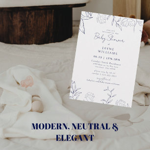 Navy Botanical Line Art Neutral Baby Dusche Einladung