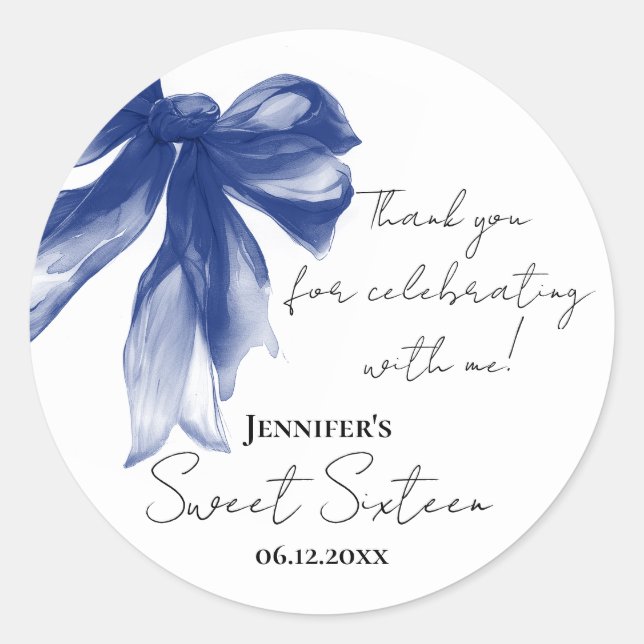 Navy Bow Coquette Script Sweet 16 Thank You  Runder Aufkleber (Vorderseite)