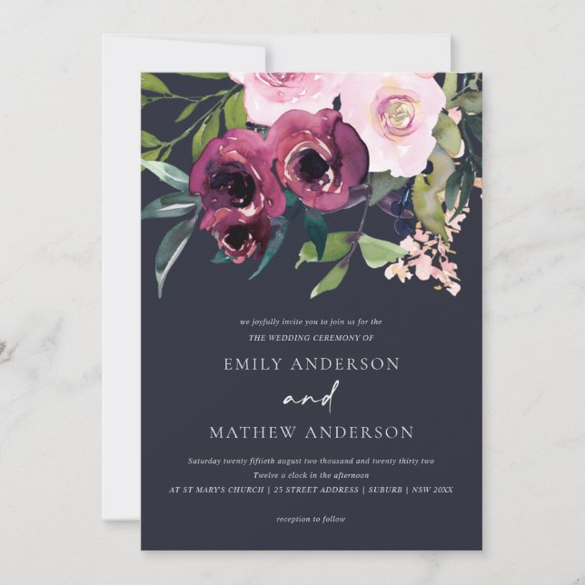 NAVY BRIGHT BLUSH BURGUNDY FLORAL BUNCH WEDDING EINLADUNG (Vorderseite)