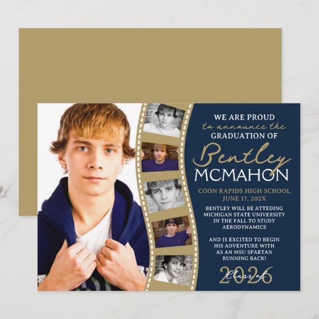 Navy & Bronze Foto Filmstrip Grad Ankündigung (Vorne/Hinten)