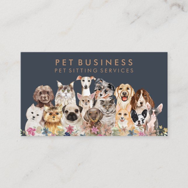 Navy Brown Floral Pet Groomer Wellness-Center Hund Visitenkarte (Vorderseite)