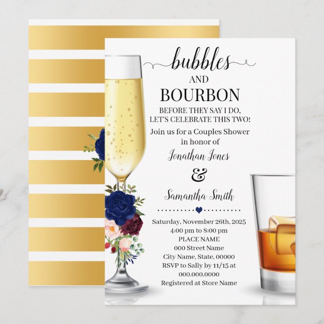 Navy Bubbles & Bourbon bevor ich Paare Dusche. Einladung (Vorne/Hinten)