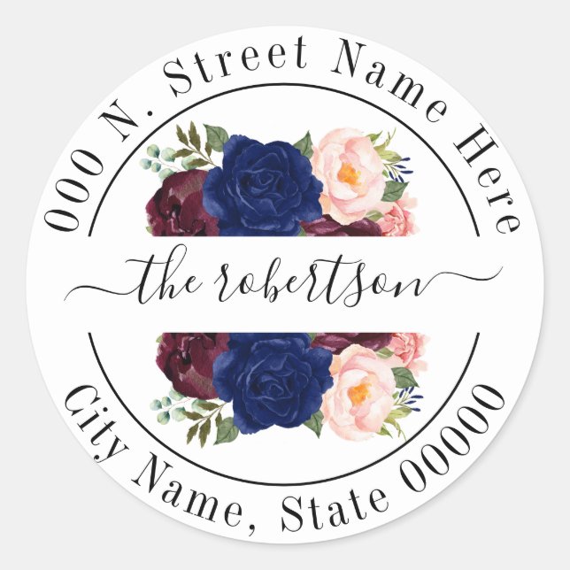 Navy Burgudy floral boho chic Rücksendeadresse Runder Aufkleber (Vorderseite)