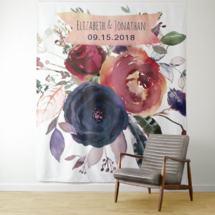 Navy Burgund Florale Fotobox Kulisse Wandteppich