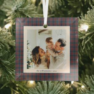 Navy Burgunder-Tartan-Karo-Familien-Weihnachtsfoto Ornament Aus Glas