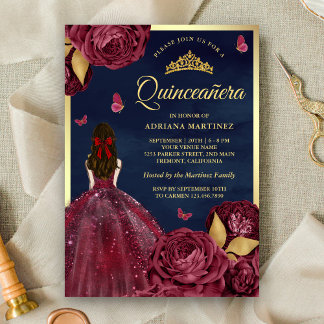 Navy Burgundy Blumenkleid Butterfly Quinceanera Einladung