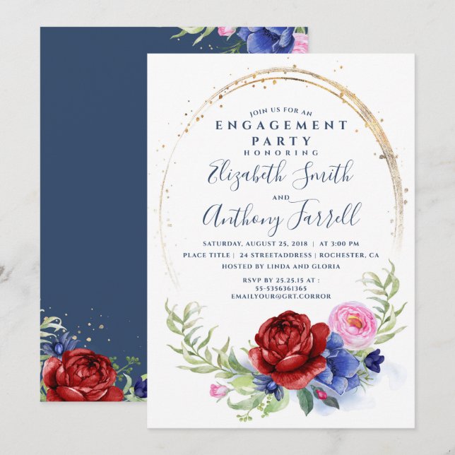 Navy Burgundy Blush Floral Engagement Party Einladung (Vorne/Hinten)