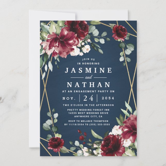 Navy Burgundy Blush Gold Floral Engagement Party Einladung (Vorderseite)