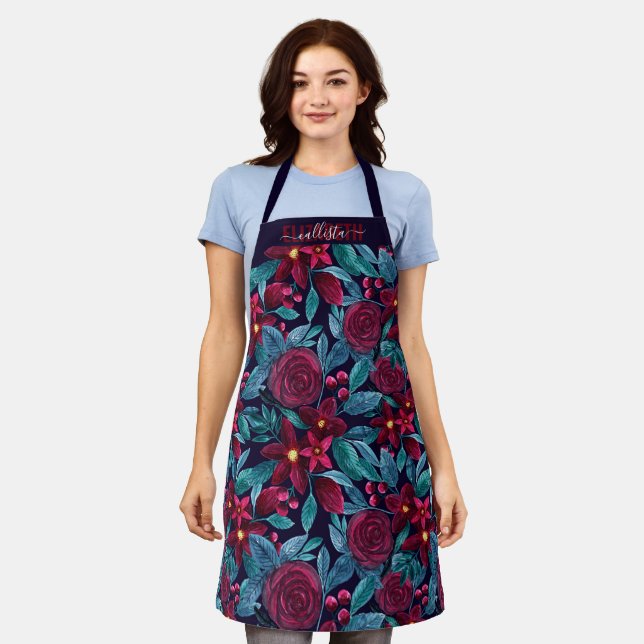 Navy Burgundy Christmas Floral Watercolor Monogram Schürze (Getragen)