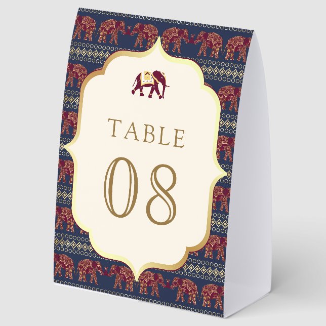 Navy Burgundy Elephant Indian Wedding Table Number Tischaufsteller (Vorderseite)
