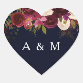 Navy & Burgundy Floral Boho Hochzeitsnacht zu Guns Herz-Aufkleber