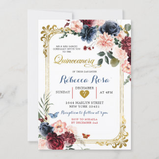 Navy Burgundy Floral Butterfly Quinceañera Einladung