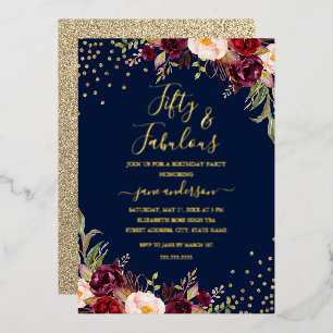 Navy Burgundy Floral Confetti 50 & Fabulous Folieneinladung