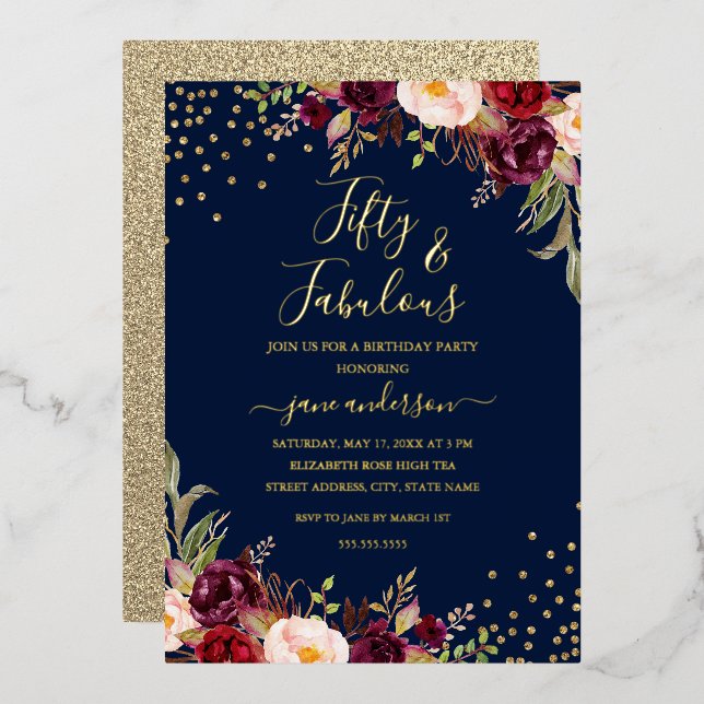 Navy Burgundy Floral Confetti 50 & Fabulous Folieneinladung (Vorderseite/Rückseite)