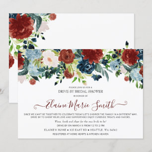 Navy Burgundy Floral Drive Thru Brautparty Einladung