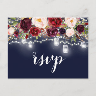 Navy Burgundy Floral Mason Jar String Lights UAWG Einladungspostkarte