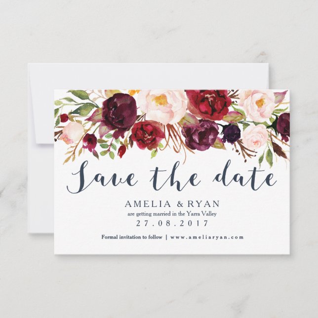 Navy Burgundy Floral Save the Date Card Einladung (Vorderseite)