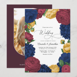 Navy, Burgundy & Gold Floral Wedding Einladung