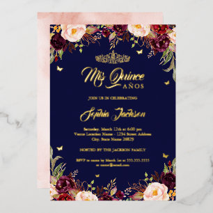 Navy Burgundy Mis Quince Floral Quinceanera Folieneinladung