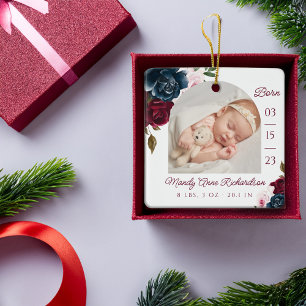 Navy Burgundy Pink Floral Baby Birth Stats Foto Keramikornament