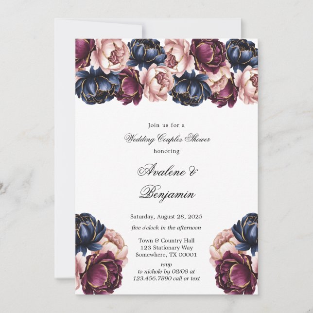 Navy Burgundy Pink Peony Wedding Couples Dusche Einladung (Vorderseite)