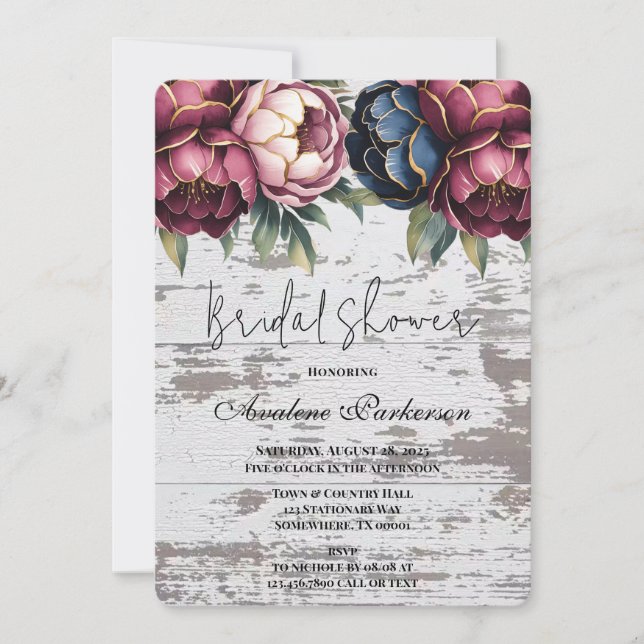 Navy Burgundy Pink Peony Wood Brautparty Einladung (Vorderseite)
