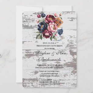Navy Burgundy Pink Peony Wood Bridesmaids Luncheon Einladung