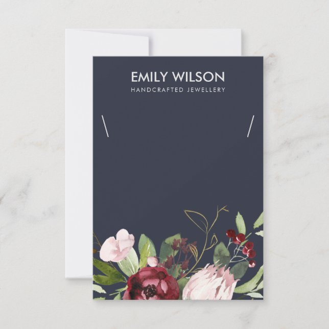 NAVY BURGUNDY PROTEA FLORAL NECKLACE DISPLAY CARD DANKESKARTE (Vorderseite)