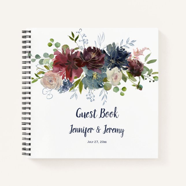 Navy Burgundy Rose Gold Floral Header Gästebuch Notizbuch (Vorderseite)