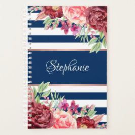 Navy Burgundy Stripes Floral Monogram Planer