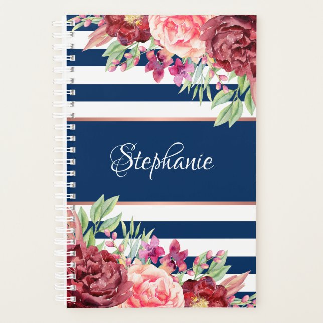 Navy Burgundy Stripes Floral Monogram Planer (Vorderseite)