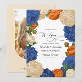 Navy, Burnt Orange & Champagne Floral Wedding Einladung