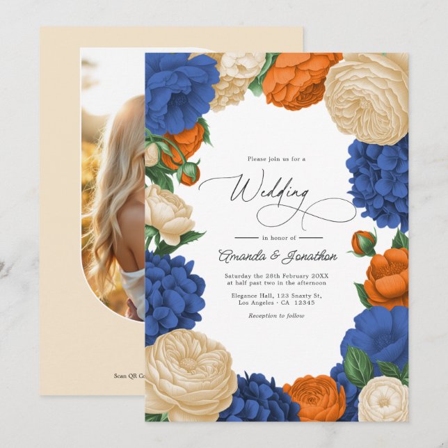 Navy, Burnt Orange & Champagne Floral Wedding Einladung (Vorne/Hinten)