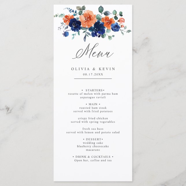 Navy Burnt Orange Floral Boho Summer Hochzeit im H Menükarte (Vorderseite)