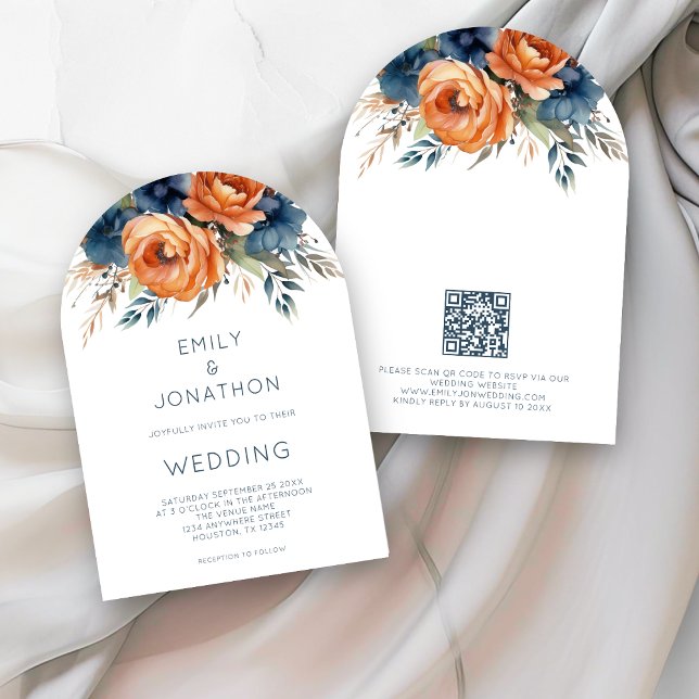 Navy Burnt Orange Florals QR Code Wedding Arch Einladung (Von Creator hochgeladen)
