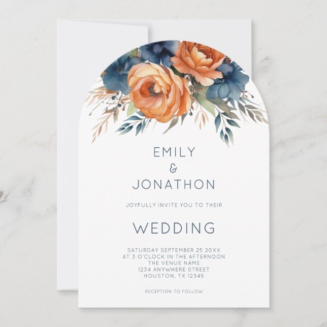 Navy Burnt Orange Florals QR Code Wedding Arch Einladung (Vorderseite)