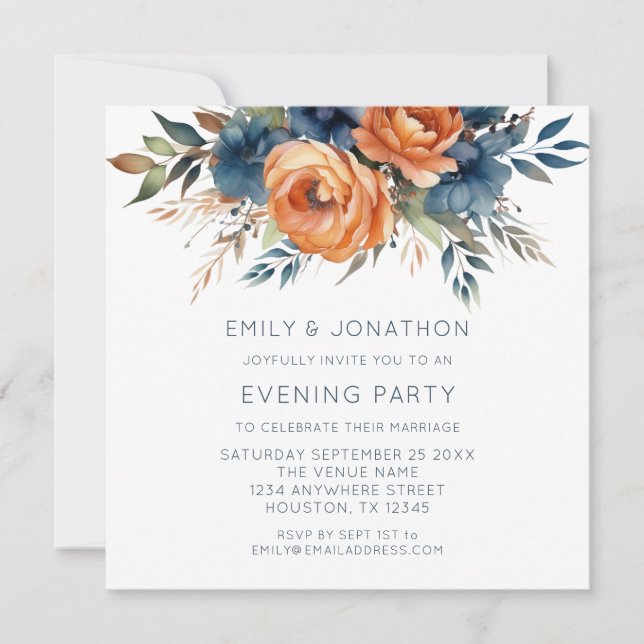Navy Burnt Orange Florals Wedding Abend Party Einladung (Vorderseite)