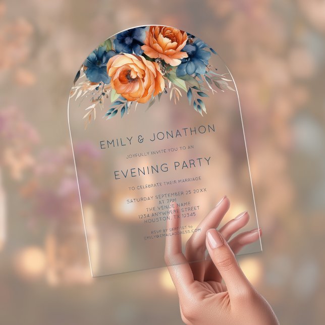 Navy Burnt Orange Florals Wedding Evening Party Acryleinladungen (Von Creator hochgeladen)