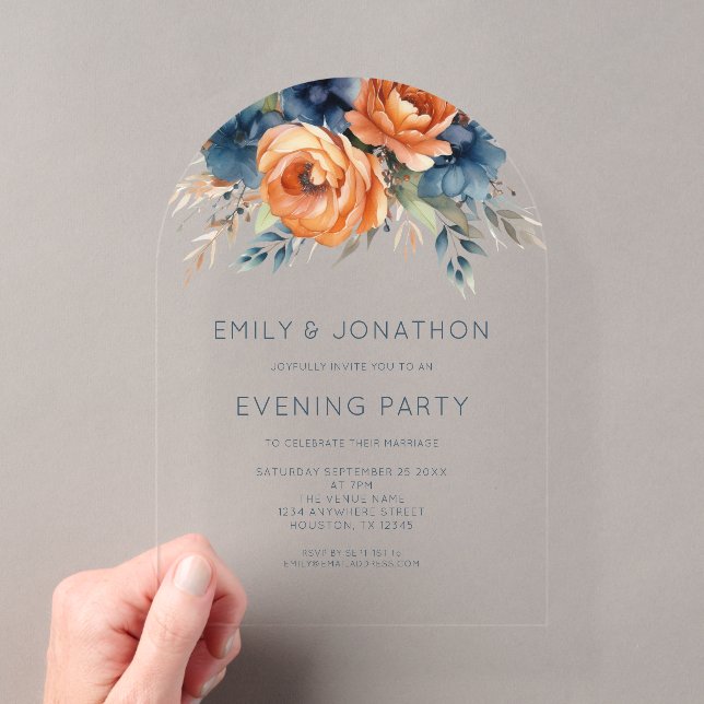 Navy Burnt Orange Florals Wedding Evening Party Acryleinladungen (Insitu (Handheld))