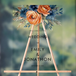 Navy Burnt Orange Florals Welcome Wedding  Acrylschild