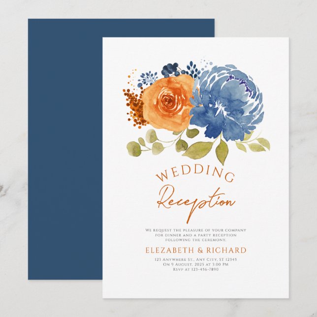 Navy Burnt Orange Hochzeit im Herbst Empfang Einladung (Vorne/Hinten)